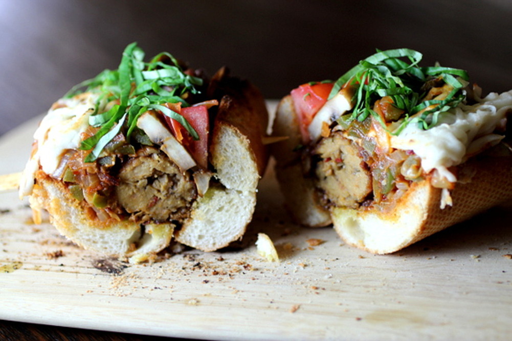 16. The Vegan Gutbuster Sandwich – Homemade Vegan Italian Sausage on Baguette