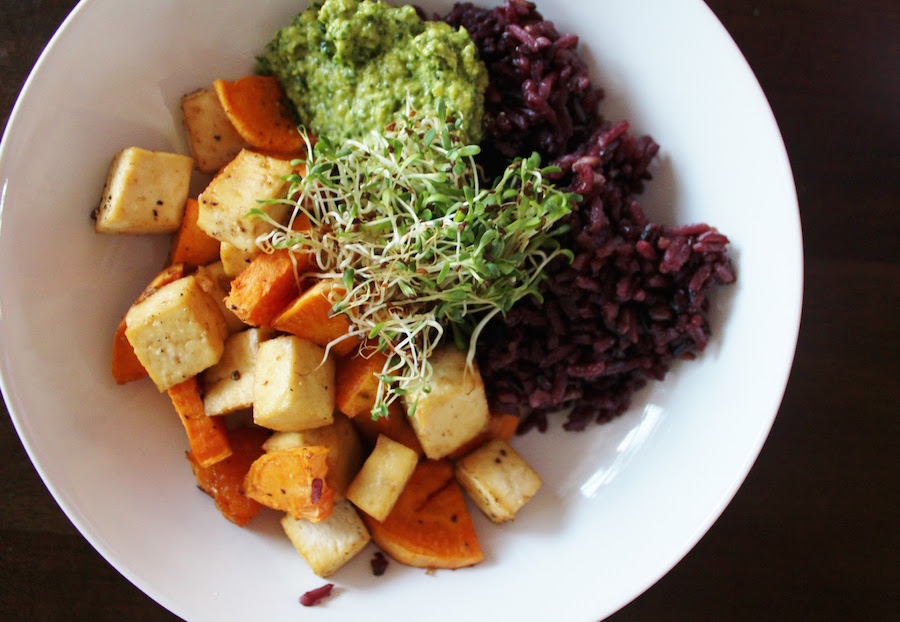 3. Baked Yam and Tofu With Purple Rice, Kale Pesto & Sprouts